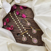 Vriksham Oval And Square AD Stone Pendant Short Neckpiece-Baby Pink-G16280